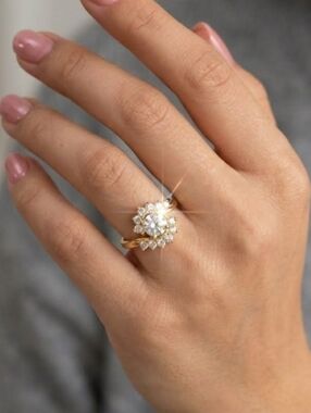 18k GP Gold Dinner Ring Multi CZ Rhinestone Setting Engagement Wedding Size 5